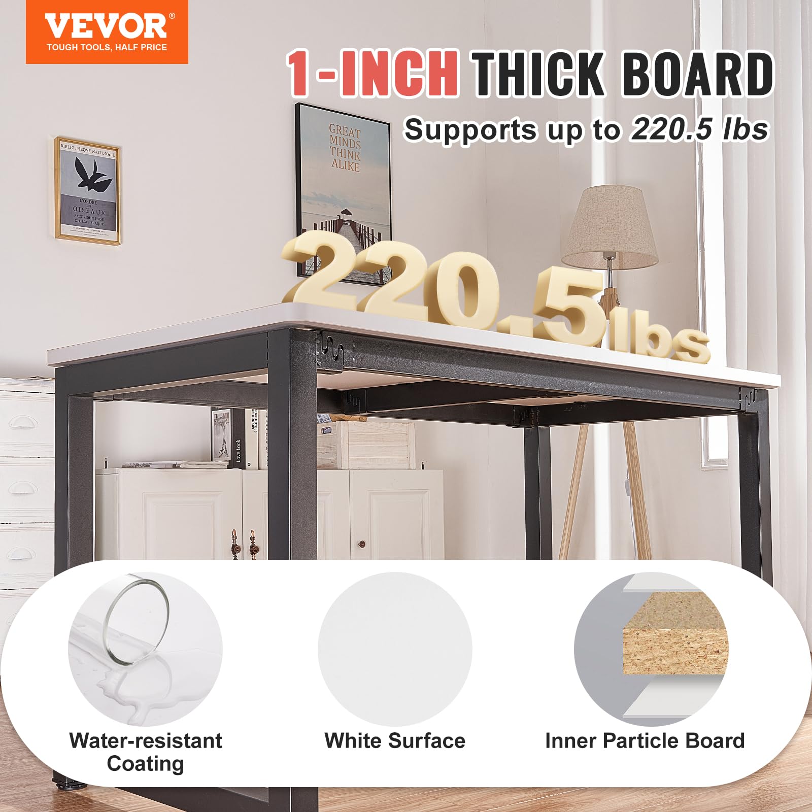 VEVOR One-Piece Particle Board Desktop Universal Tabletop, 55" D x 28" W x 1" H, White